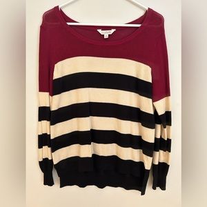 Raspberry, Black and White Striped Pullover Colorblock Sweater